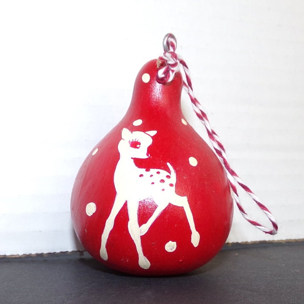 Small Hand Painted Gourd Bambi Deer Red Christmas Ornament